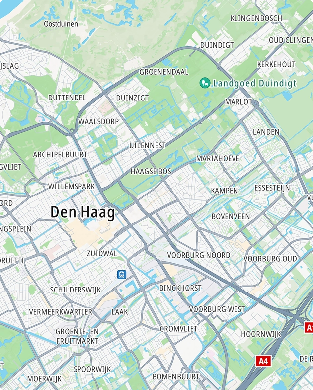 Een Google-kaart van een stad in Nederland met wegen, straten en steegjes, in verschillende kleuren