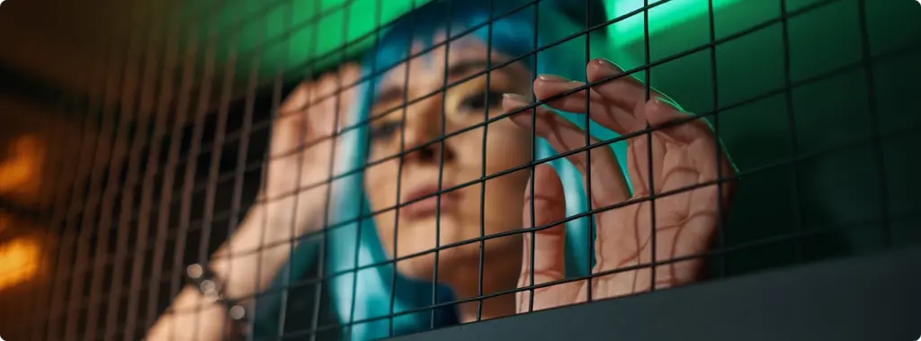 Een close-up van de handen van een meisje met blauw haar, dat zich vasthoudt aan een metalen rooster tegen een achtergrond van groene neonverlichting.
