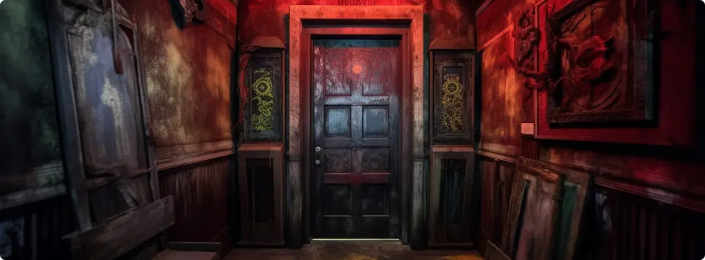 Een donkere gang in een escape room met een houten deur in het midden, verlicht door een griezelig rood licht.